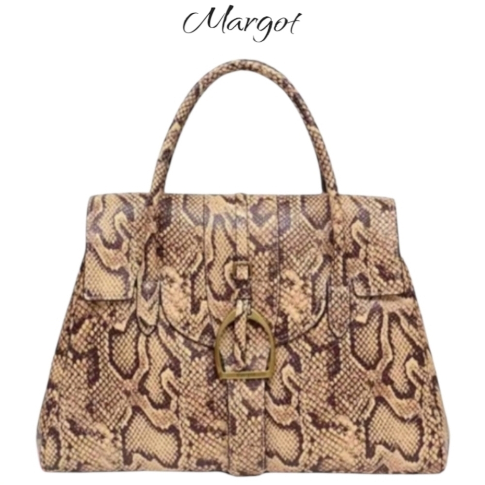 Margot Victoria Stirrup Snake Print Leather Satchel Bag Tan Brown OS